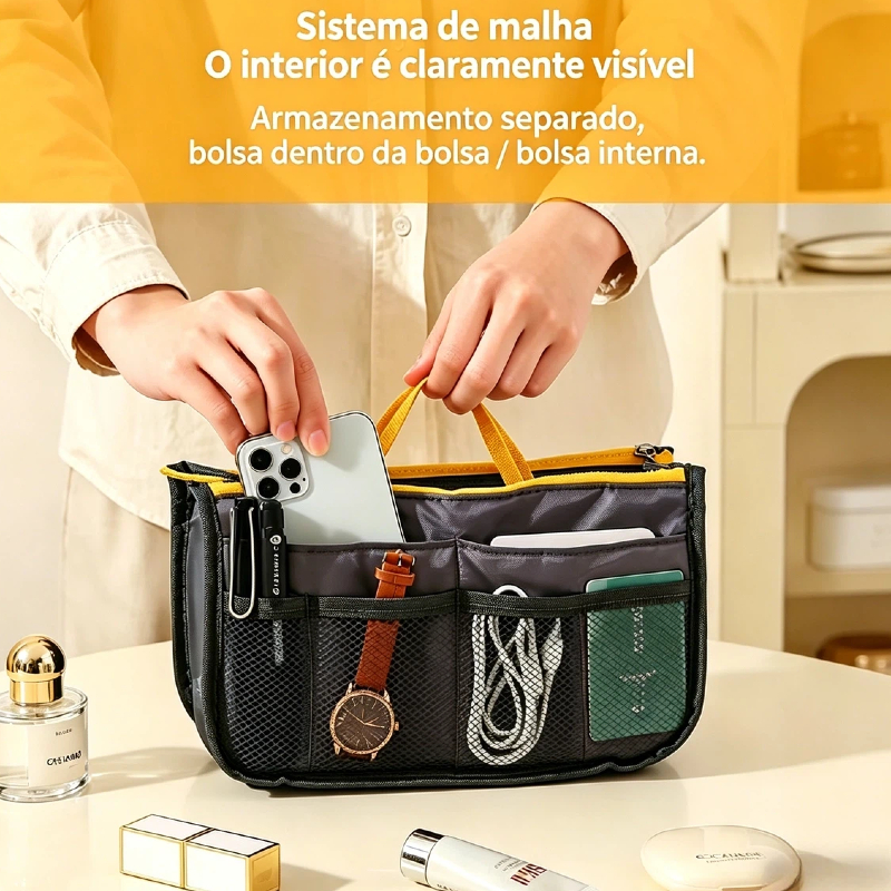 Organizador de Bolsa com Alça, Compartimentos em Malha, Bolsa Interna Multifuncional para Maquiagem, Viagem e Uso Diário