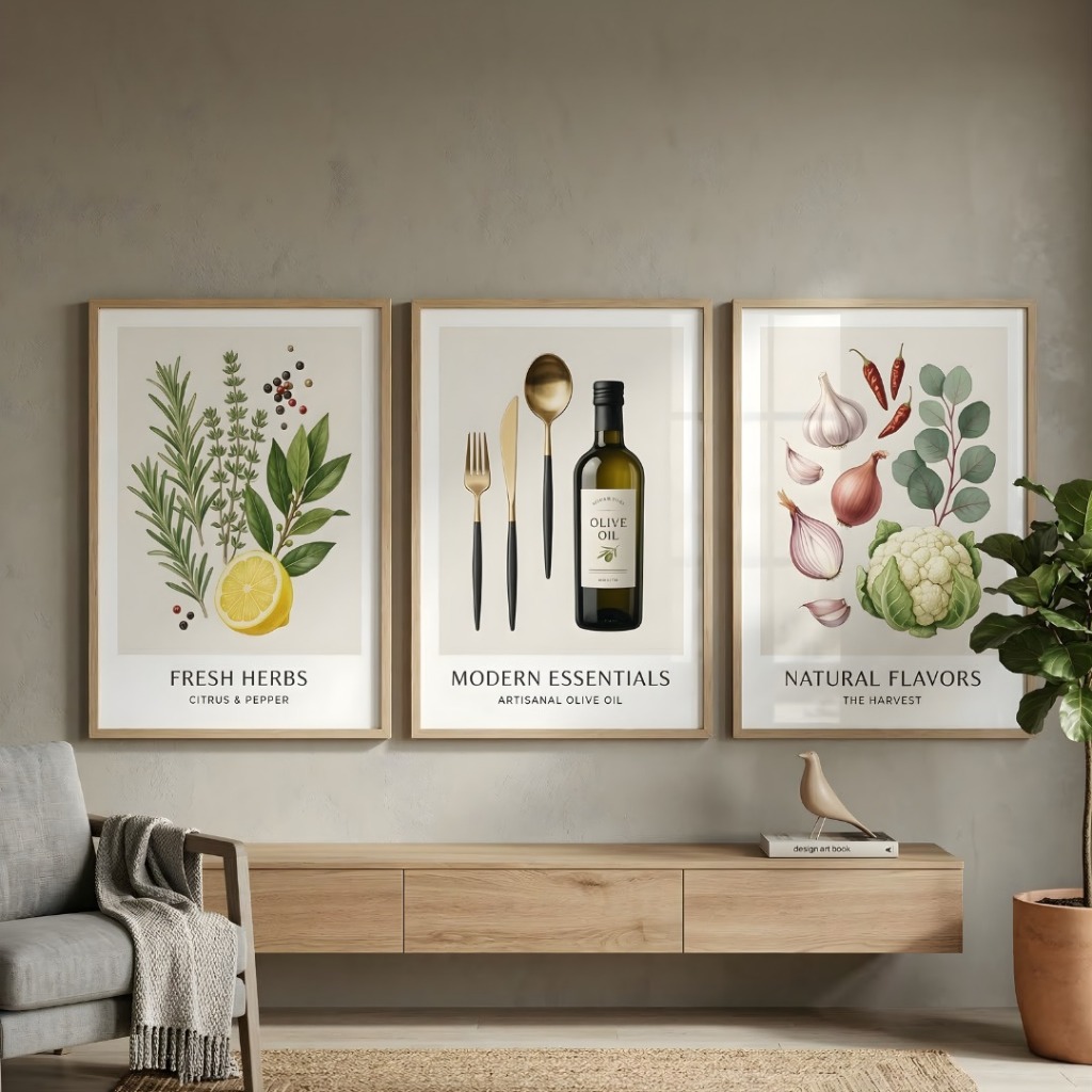 Kit 3 Quadros Cozinha Moderna Botânico Ervas Azeite Talheres Gourmet Decorativo Quuarto Casa
