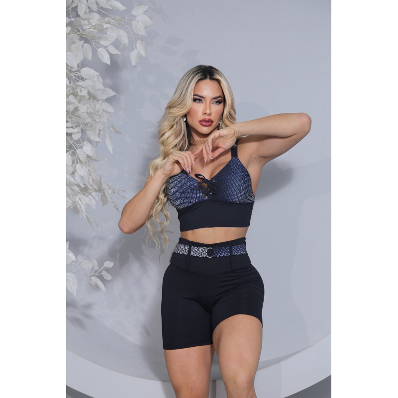Conjunto Short Cinto Poliamida Estampado Ilhós Fitness com Empina Bumbum Para Treino de Academia Macacão Curto