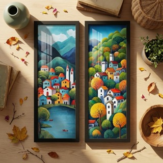 Kit 2 quadros 18x45, sala, escritório, pintura, cor, village, moldura e vidro em Oferta na Shopee