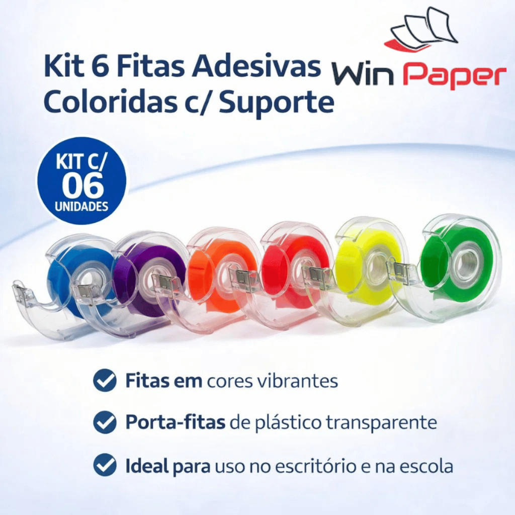Kit 6 Fitas Adesivas Coloridas c/ Suporte - Win Paper / Decorar Estudos Escritório Escola Utensílio