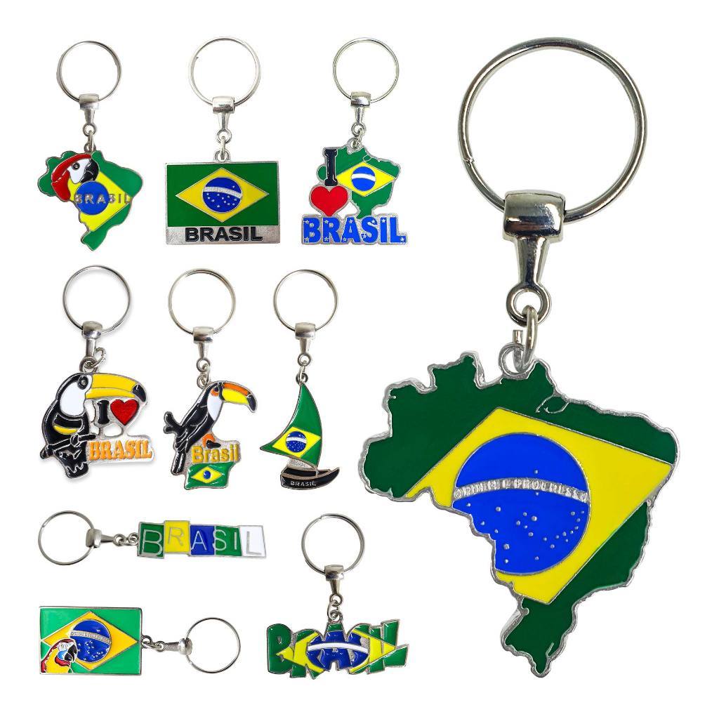 Kit 20 Chaveiros Lembrancinhas Turísticas Do Brasil de Metal - Mapa Bandeira Tucano Arara do Brasil