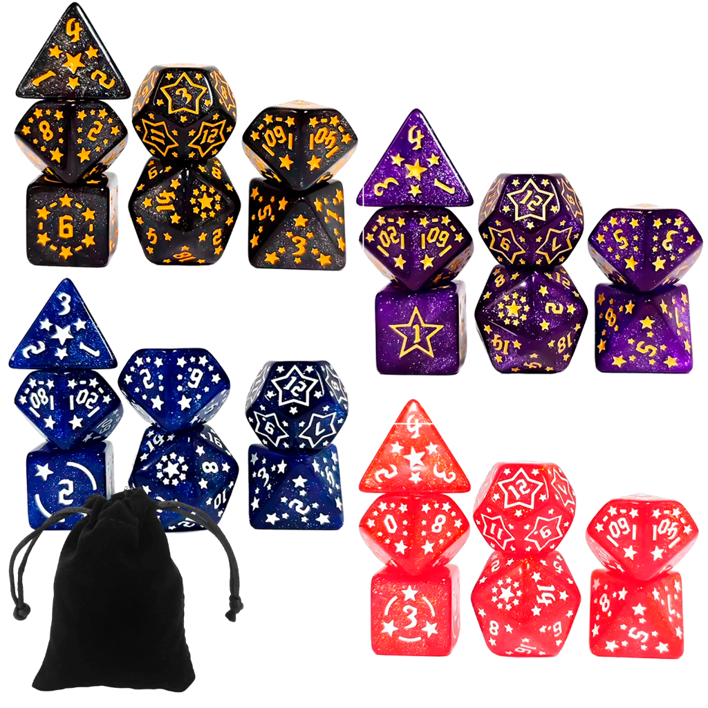 Kit 7 Dados Rpg de Mesa Estrelas D4 D6 D8 D10 D10% D12 D20 Runas Boardgame Tormenta D&D Vampiro