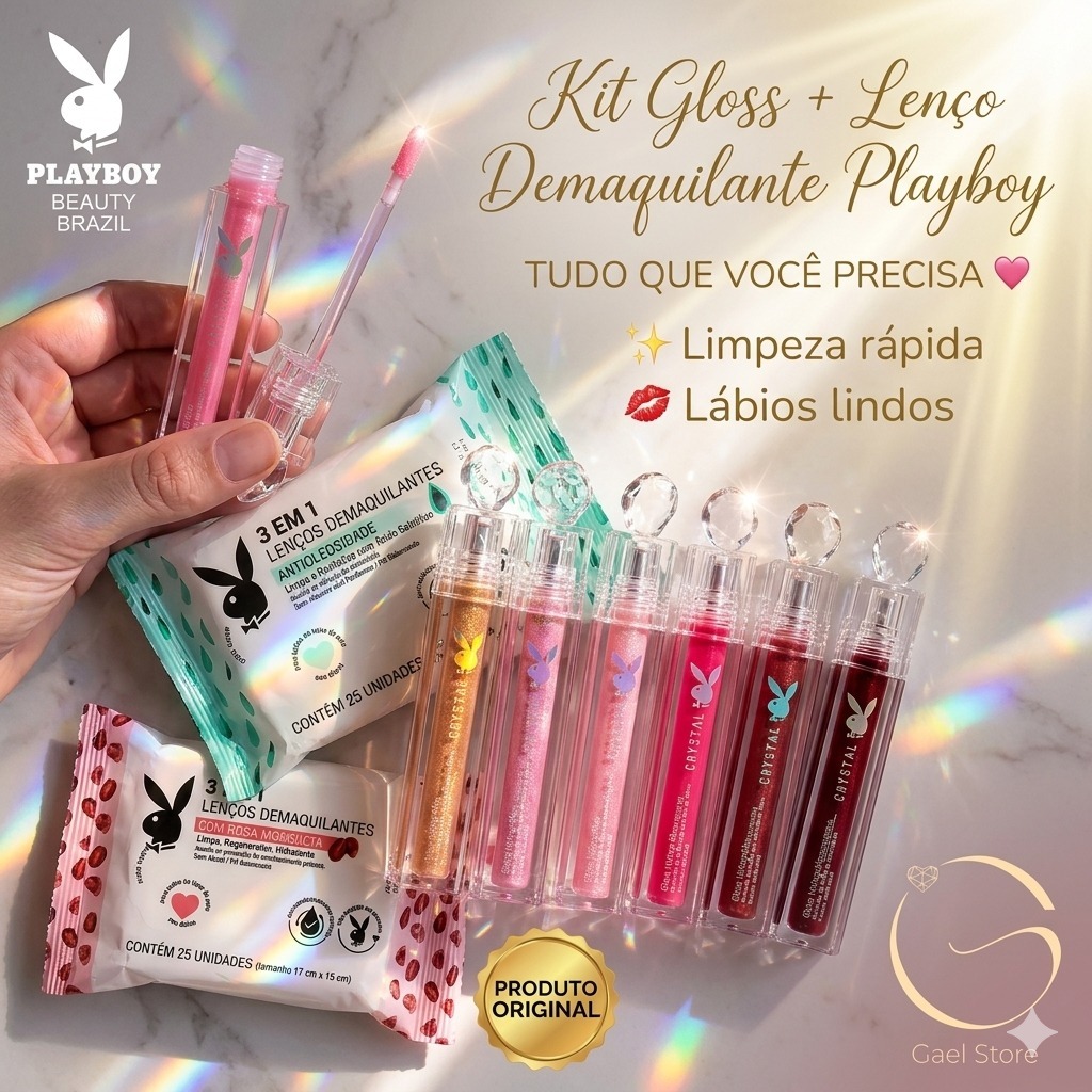 Kit Essencial Dia a Dia 💖 Lenço Demaquilante + Gloss Playboy | Limpa, Hidrata e Ilumina