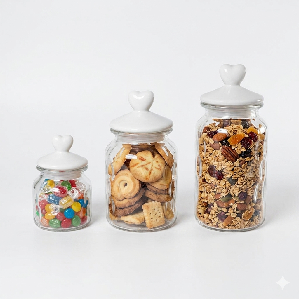 Pote Hermética de Vidro com Tampa Em Ceramica de Coração Branca Porta Balas/Doces/Grãos 620mL/950mL/1350mL