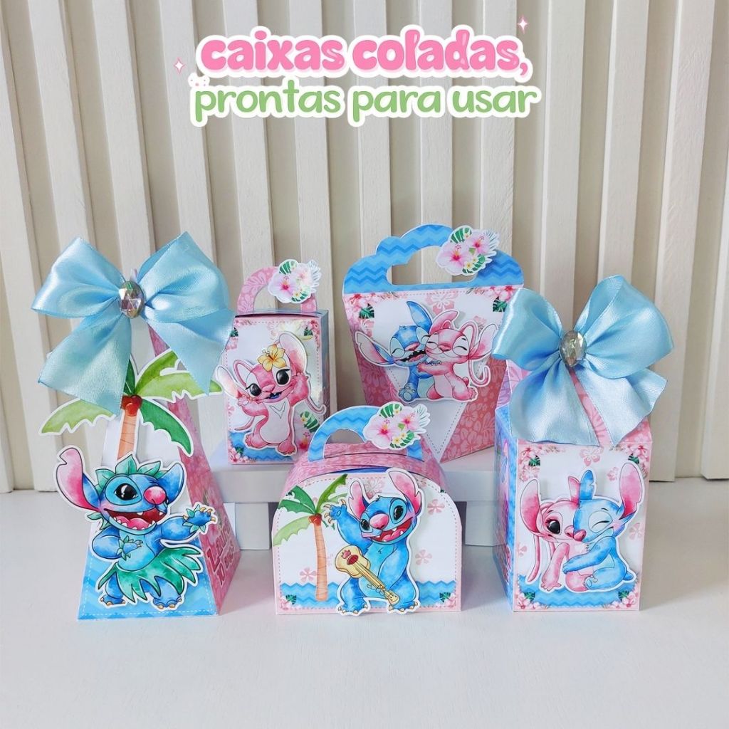Kit 15 a 50 Caixas Clássicas Personalizadas Stitch e Angel Aquarela - Lembrancinha Festa Infantil Aniversário Decoração