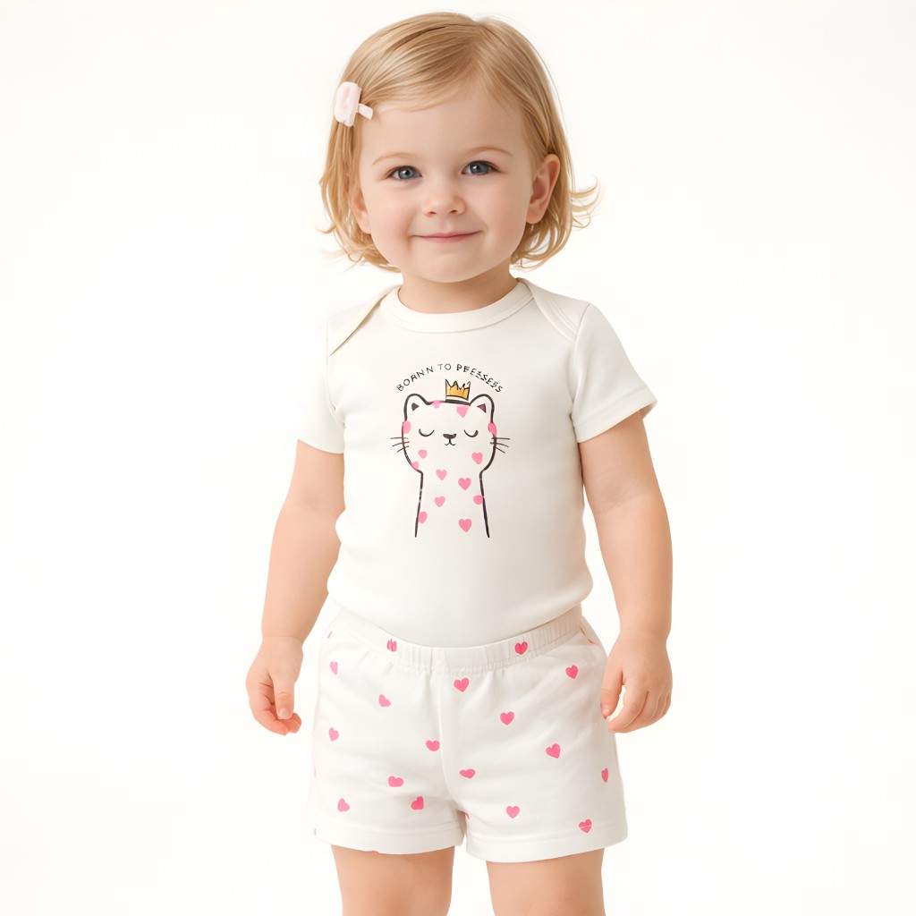 Kit 2 Conjunto Body Manga Curta + Short Estampado Bebê Menina e Menino Suedine 100% algodão do P ao 3