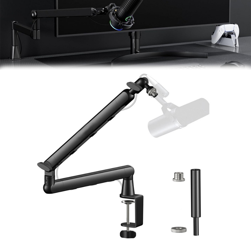 Suporte Braço Microfone com Extensão, Ajustável, Até 2kg, para Mesa Podcast Gamer