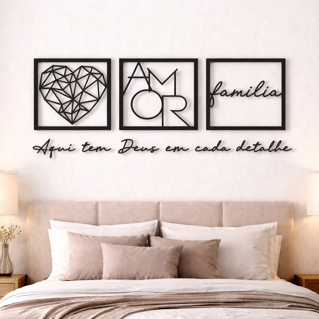 Quadro decorativo Família Coração Geométrico Amor  Frase Aqui tem Deus em cada detalhe Decoração