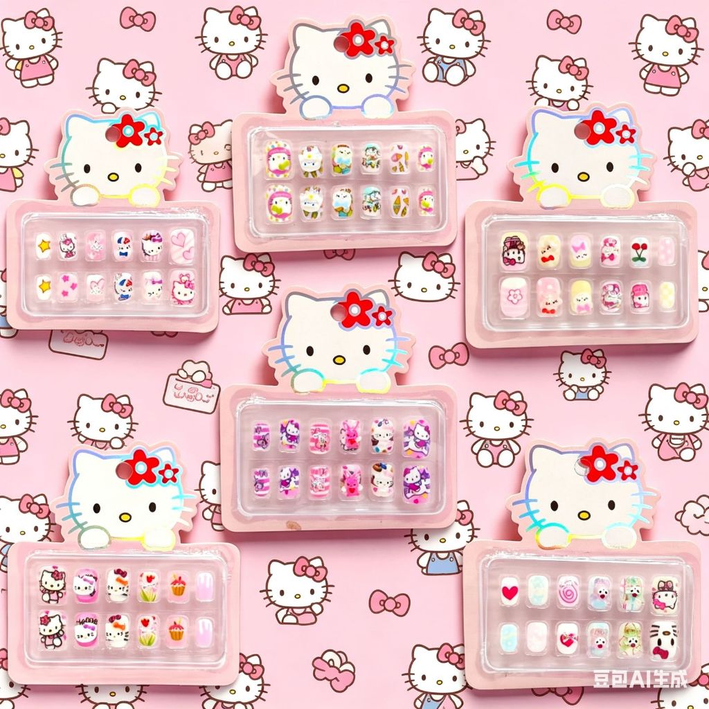 kit de Unha Postiça 3D Hello Kity 6/3/1 Unidades  Cartela C/12 Unhas 3D Variadas