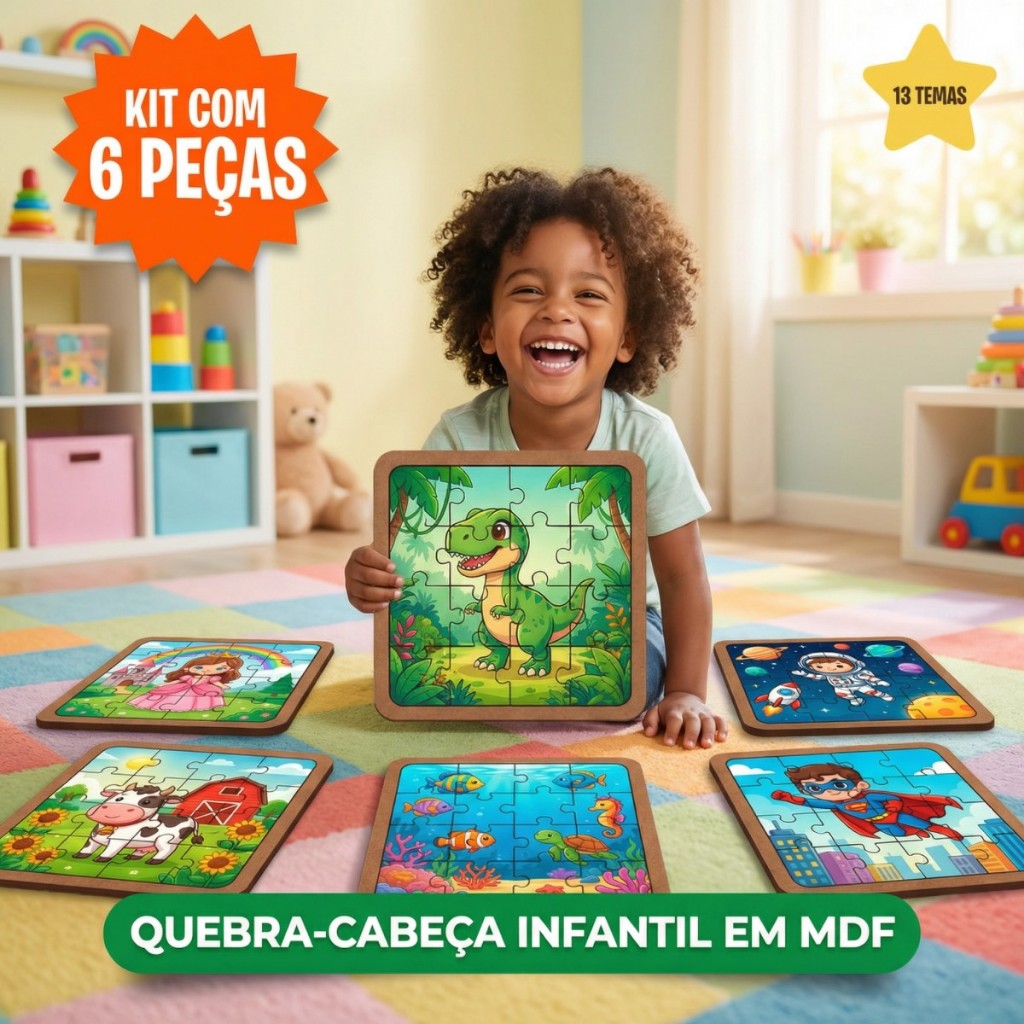 Kit 6 Quebra-Cabeças Infantis Animais Safari em MDF