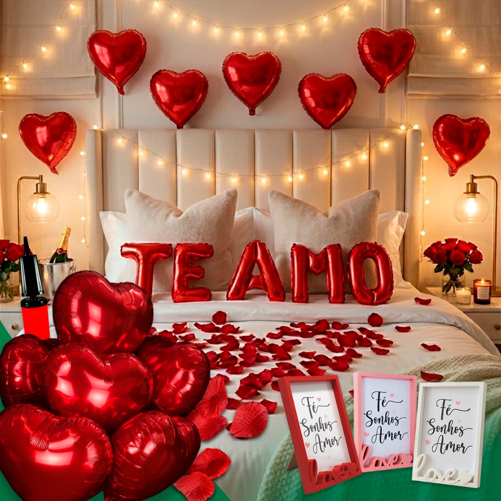 Kit Romântico 200 Pétalas Artificiais + 5 Balão Coração + Te Amo