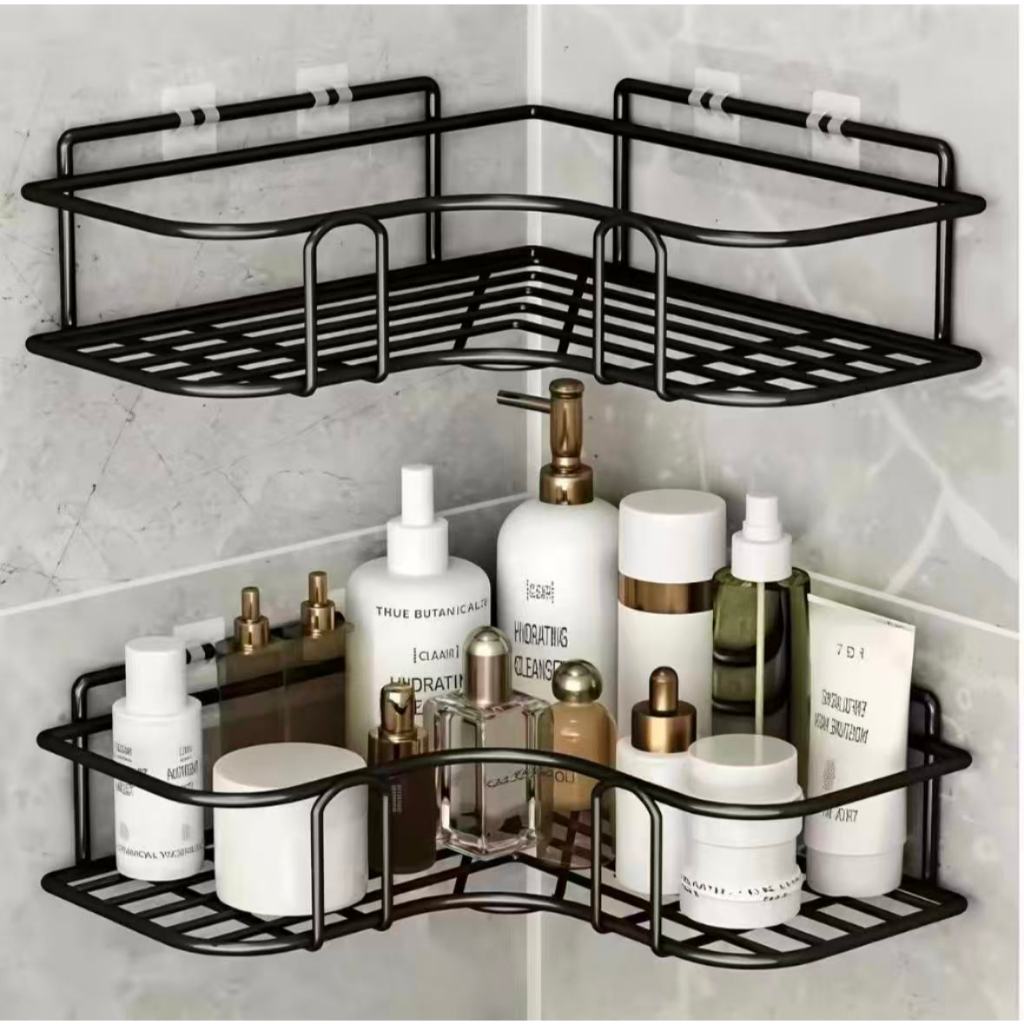 Prateleira de Canto Sem Furo Metal Preto Organizador Banheiro Cozinha Parede Adesiva Forte Suporte Shampoo Temperos Resi
