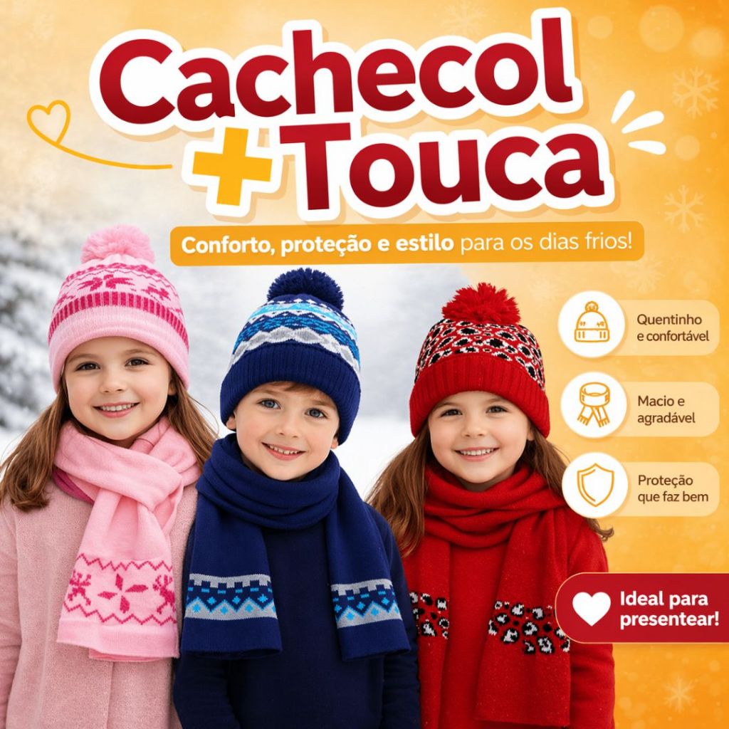 Touca e Cachecol Infantil Gorro Criança Menino Menina Inverno Quente Macio Confortável Ref 0230