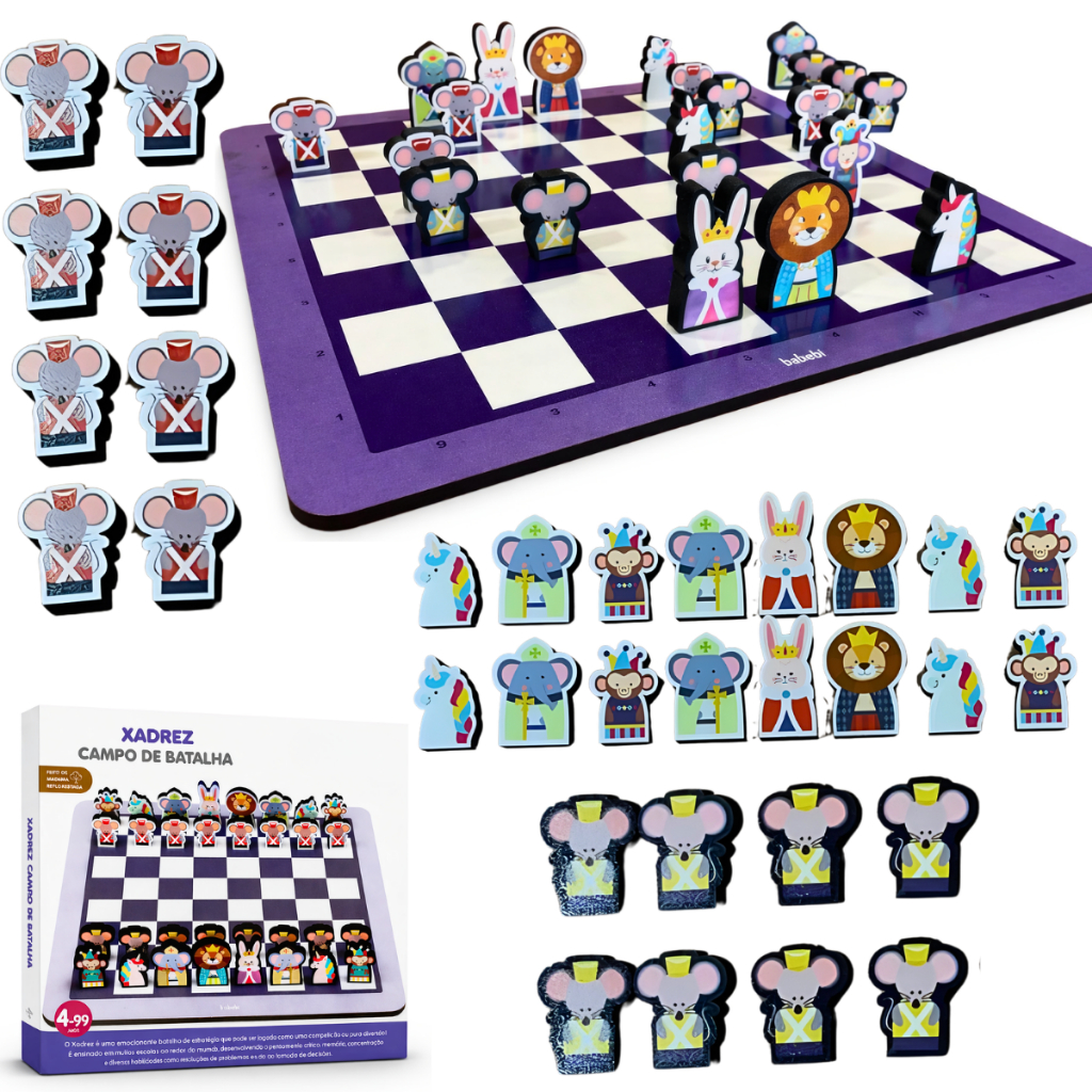 Jogo De Xadrez Educativo Tabuleiro Infantil Animais Madeira Montessori Peças