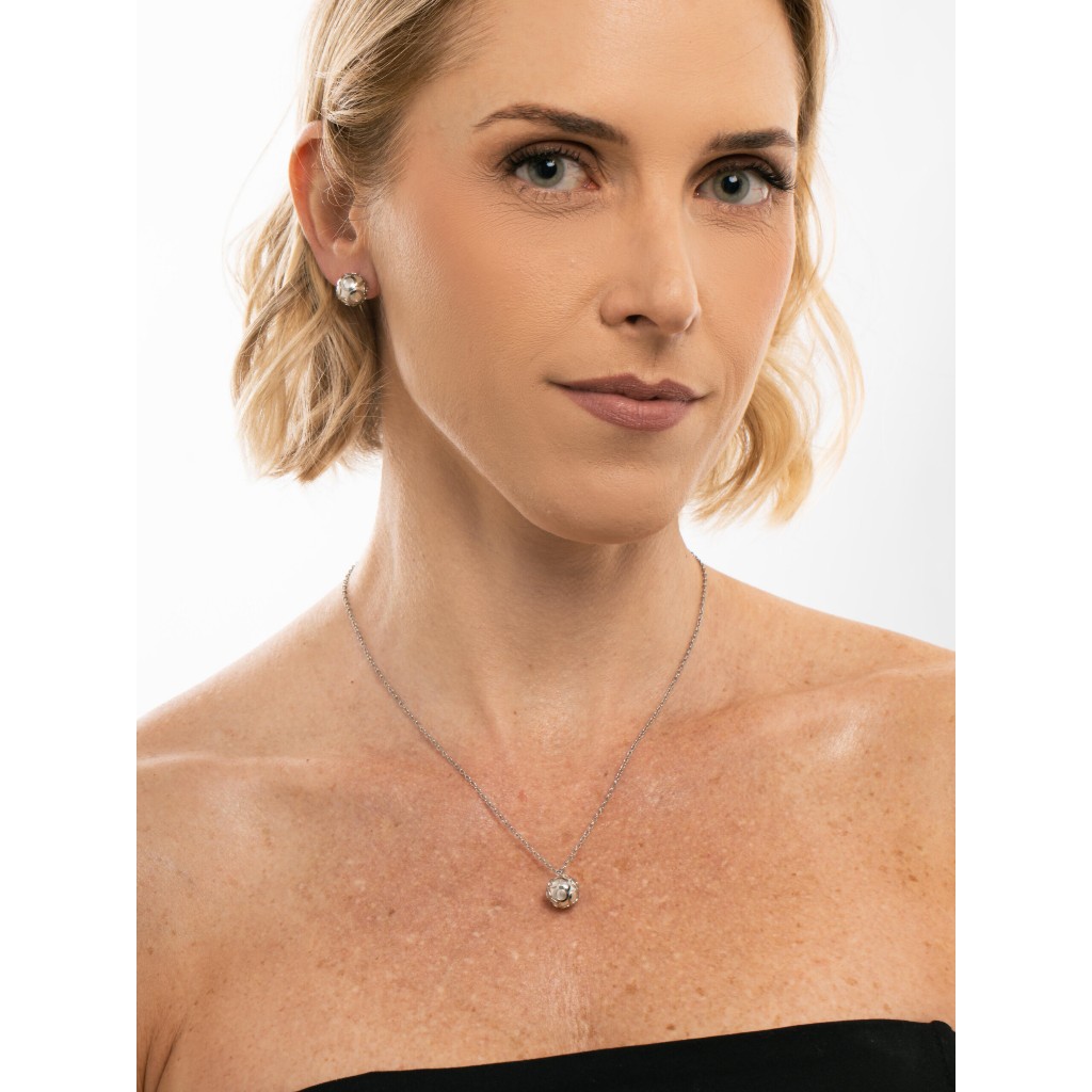 ALINE SEMIJOIAS Conjunto "Gaia" Pérola 8mm Esfera Vazada Elo Cadeado 45cm Aço Inoxidável 316L Não Escurece Premium Luxo