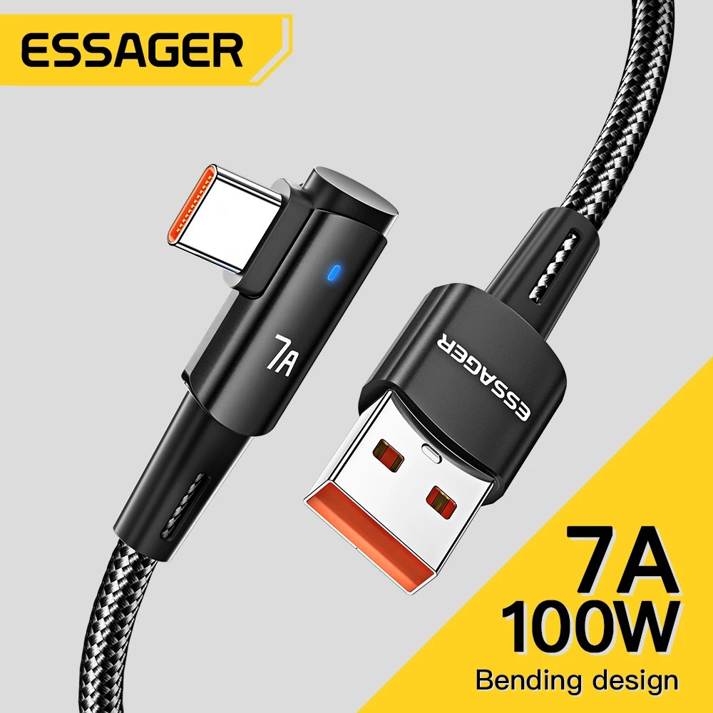 Cabo Essager 100w Usb-A Para Usb-C 1m 7A Gamer 90 Graus Com Led ES-X44 Preto Pronta Entrega