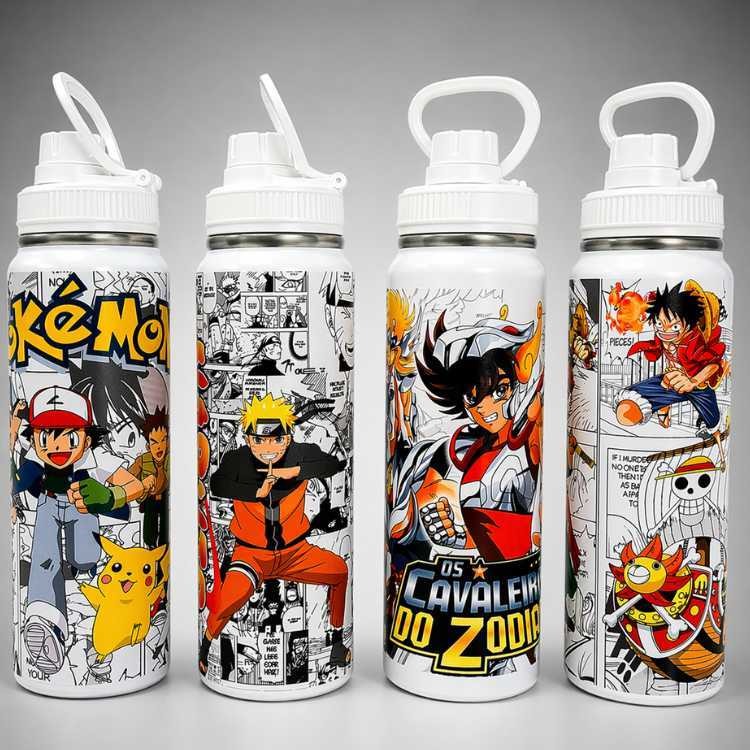 Garrafa Térmica Squeeze Anime 800ml Inox UV 360° Com Alça Parede Dupla Resistente Academia Trabalho