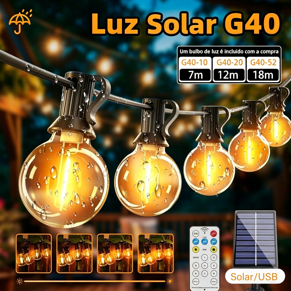 7M/18M Lâmpadas Solar G40 à Prova d'água Para Festas no Jardim Luzes de Fada Para Jardim e Luzes de Natal Retrô