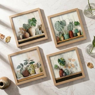 Kit 4 Quadros Decorativos 18x18 Plantas Folhagens Botânico Moderno Moldura Vidro Sala Quarto Cozinha