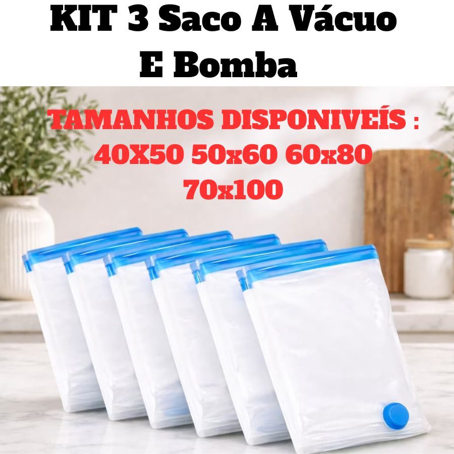 KIT 3 Saco A Vácuo E Bomba 110V De Ar Elétrica Ou USB 60x80 70x100 Para Armazenar Guarda De Maneira