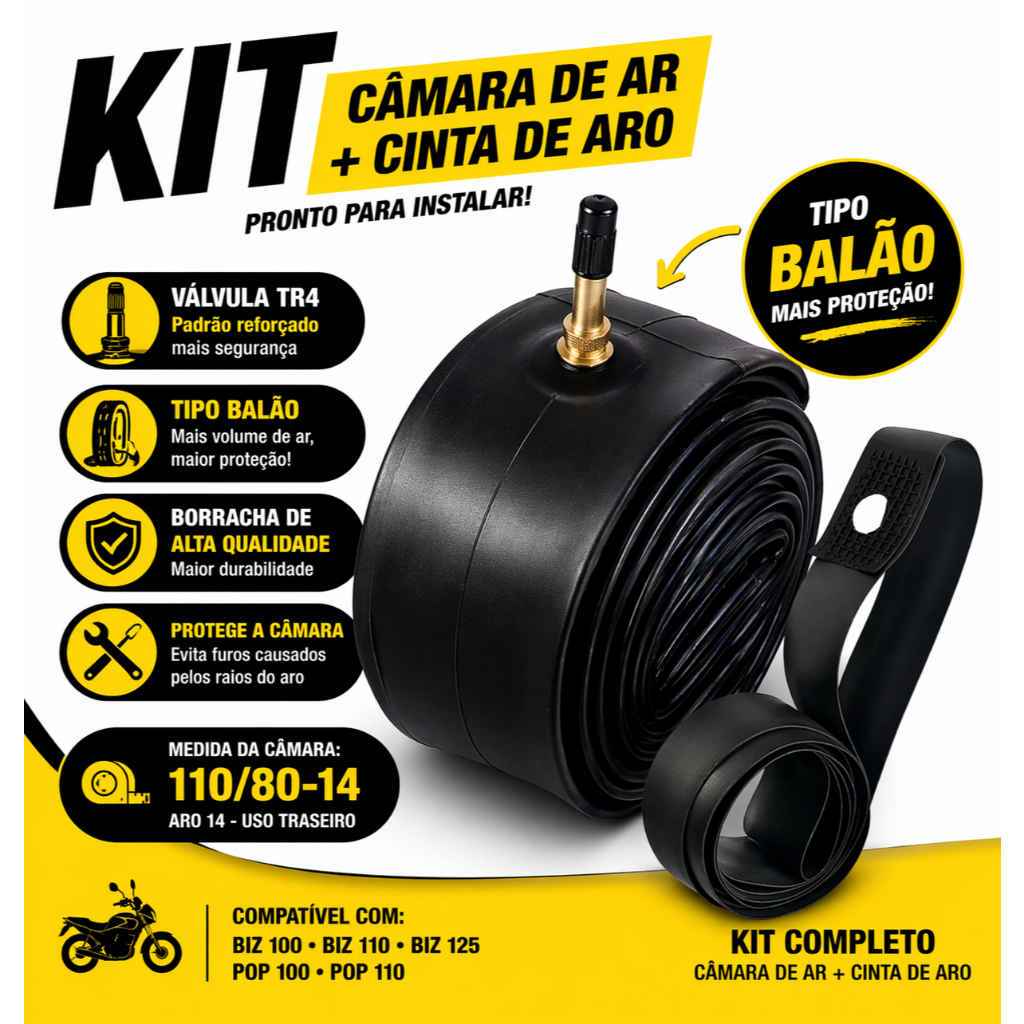 Kit Camara de Ar 80/100-14 Aro 14 TR4 + Cinta Aro Moto Biz 100 110 125 Pop 100 110 Traseira
