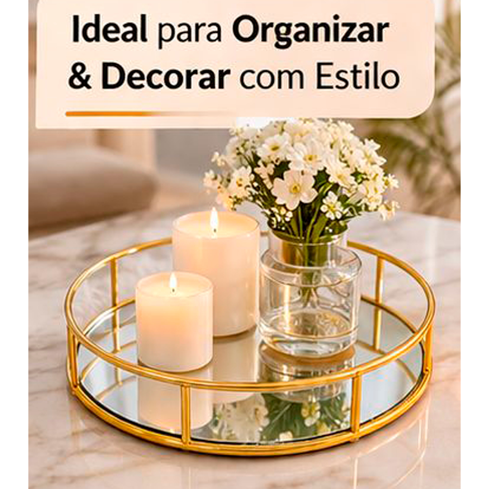 Bandeja Espelhada Decorativa Redonda  Dourada | Luxo para Sala, Banheiro e Decoração