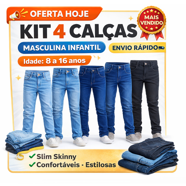 Kit 4 Calça Jeans do 08 ao 16 anos Infantil Masculina Slim Skinny Claro Azul Escuro Preto Moda Infantil menino