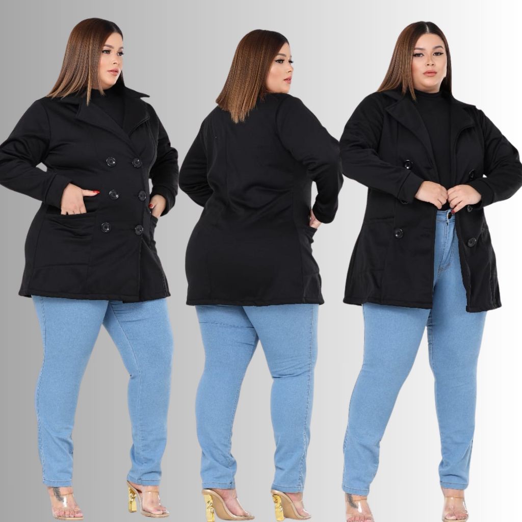 Casaco sobretudo moletom poliéster, flanelado por dentro para frio, moda plus size