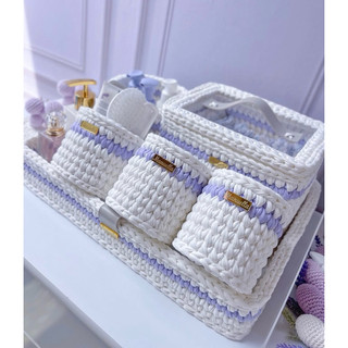 kit higiene do bebê 5 peças em até 2 cores base mdf branco | croche | organizador de quarto |potinho