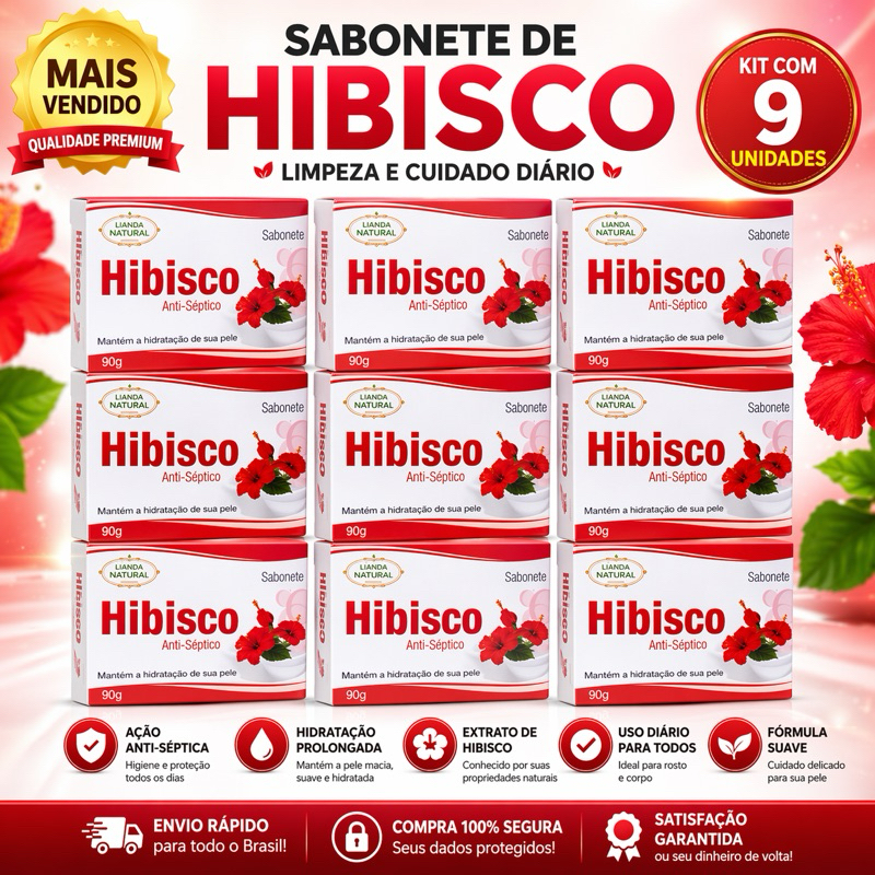 Sabonete de Hibisco Anti-Séptico 90g Limpeza Profunda Controle da Oleosidade Pele Oleosa Acneica Hidratante Uso Diário