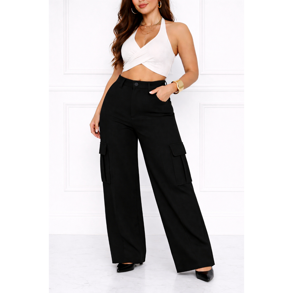 Calça Cargo Feminina Alfaiataria Premium Wide Leg Cintura Alta Social Elegante Moda Executiva Chic