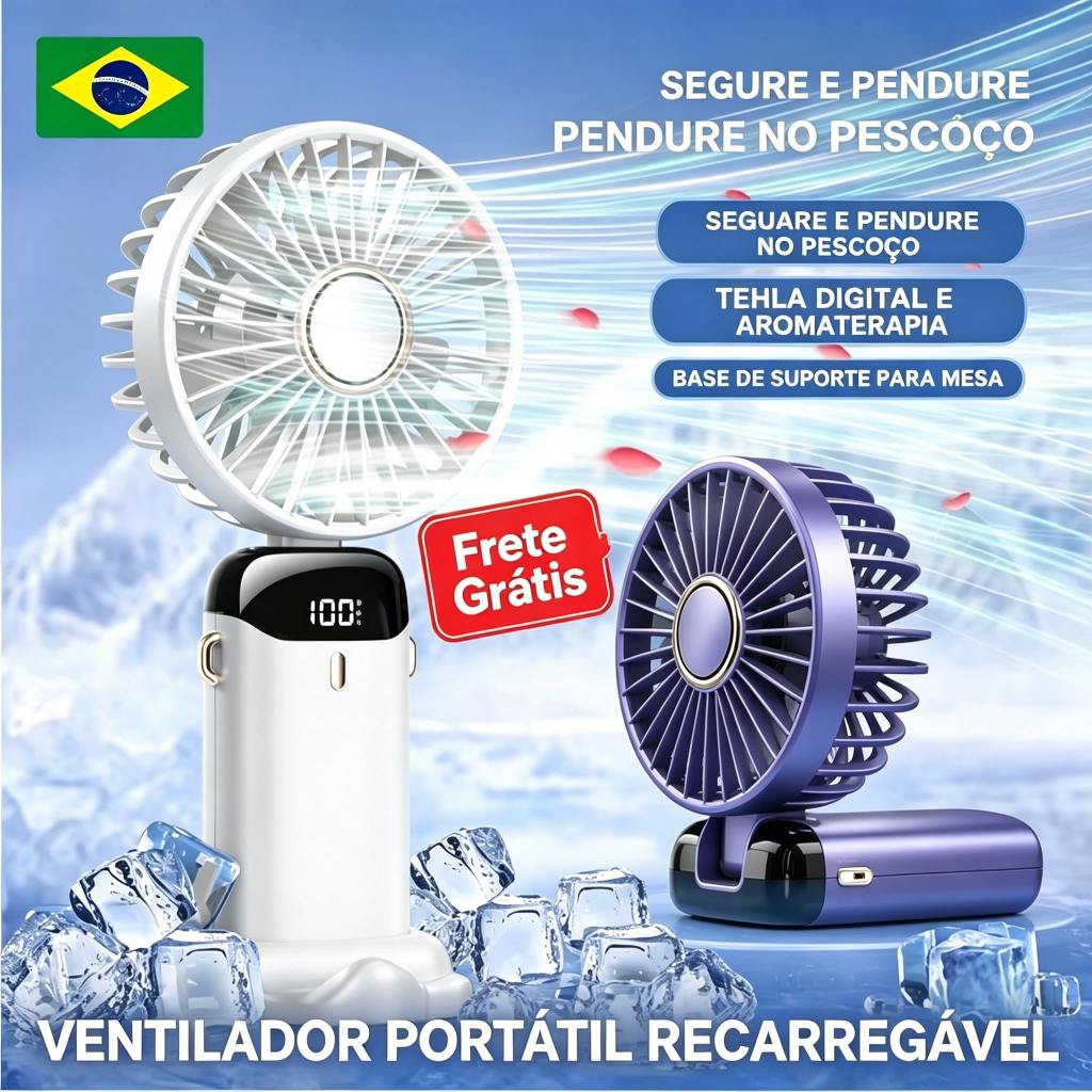 Mini Ventilador Portátil com 5 Modos, Dobrável com Display Digital Turbo, Silencioso de Mesa e Mão USB Recarregável