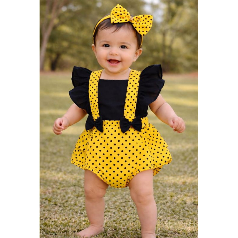 Romper Bebê Abelhinha Feminino | Fantasia Abelha | Roupa Temática Mesversário | Body Bebê Fofo com Laço