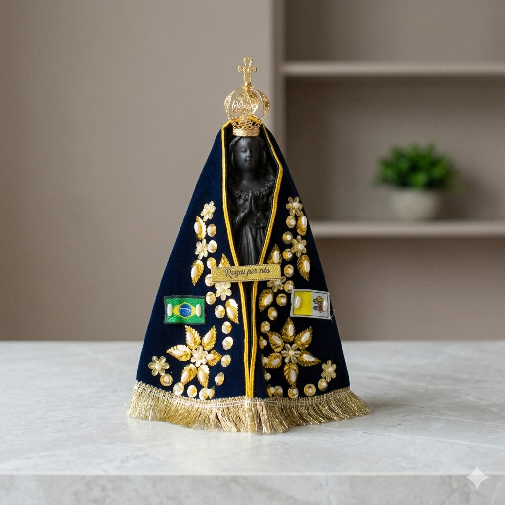 Imagem Nossa Senhora Aparecida 20 cm Gesso Réplica Manto Bordado Coroa Estatueta Religiosa Altar Católico Presente Fé