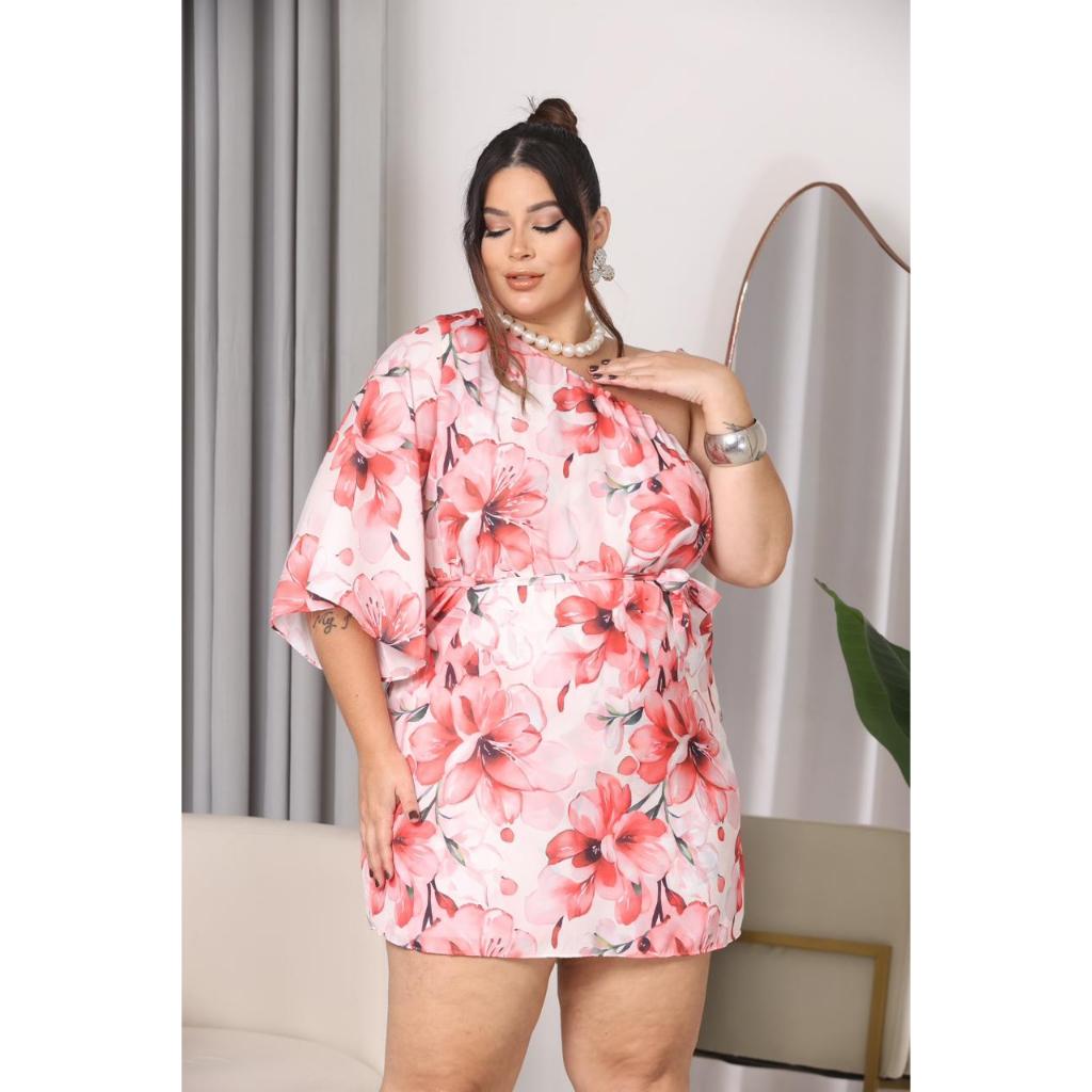 VESTIDO MACAQUINHO FEMENINO OMBRO UNICO PLUS SIZE CON LAZO NA CINTURA ELEGANTE