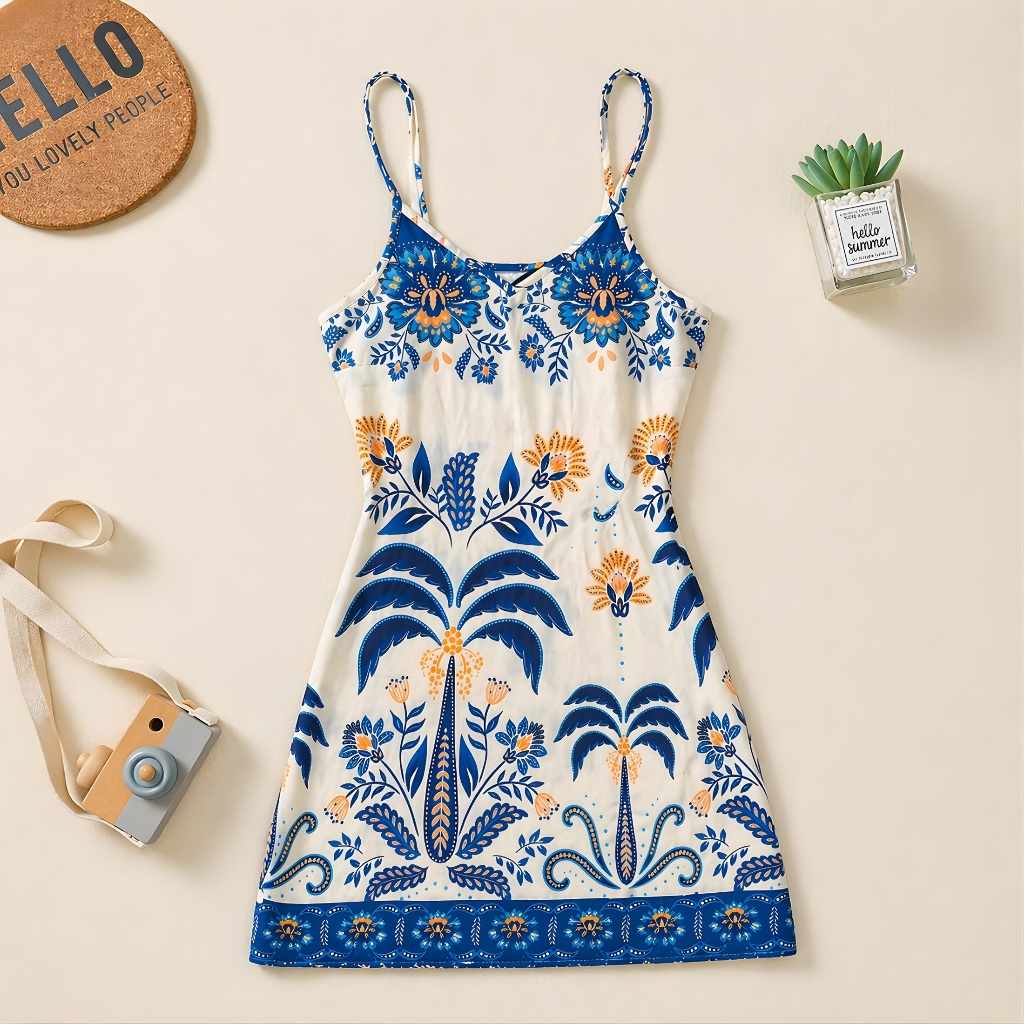 Vestido Curto Feminino Estampa Floral Moda Verão Tropical - Alças Finas e Zíper Lateral