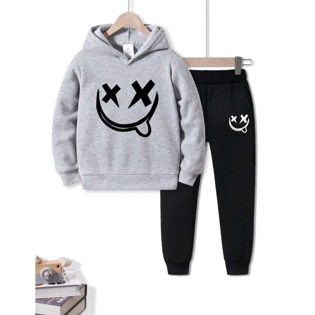 Conjunto moletom canguru com bolso e capuz ajustável com cordão e calça confortável carinha feliz infantil unissex