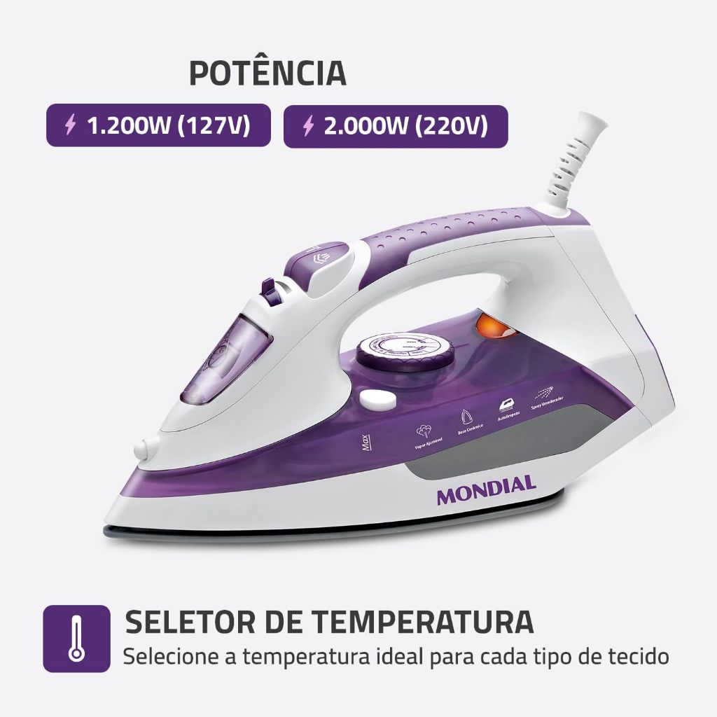 Ferro a Vapor MONDIAL Ceramic Express Branco/Lilás 1200W F-40 - 127V · foto 2