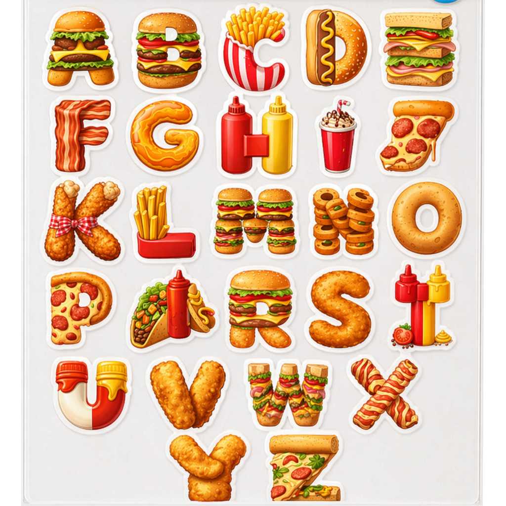 Kit 2 Cartelas Alfabeto Gourmet Food Adesivo Letras para Doces e Embalagens Decorativo Confeitaria Fast Food e infantil