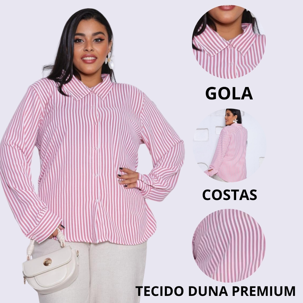 Camisa Listrada Feminina Plus Size Tecido Duna Premium G1 G2 G3 Elegante Social  Tendência Luxo Conforto