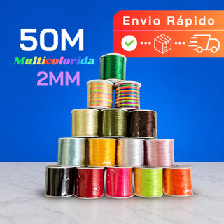 Fio de Cetim Com 2mm 50 metros  Multicolorido Rabo de Rato Rolo Artesanato Bijuterias Costura