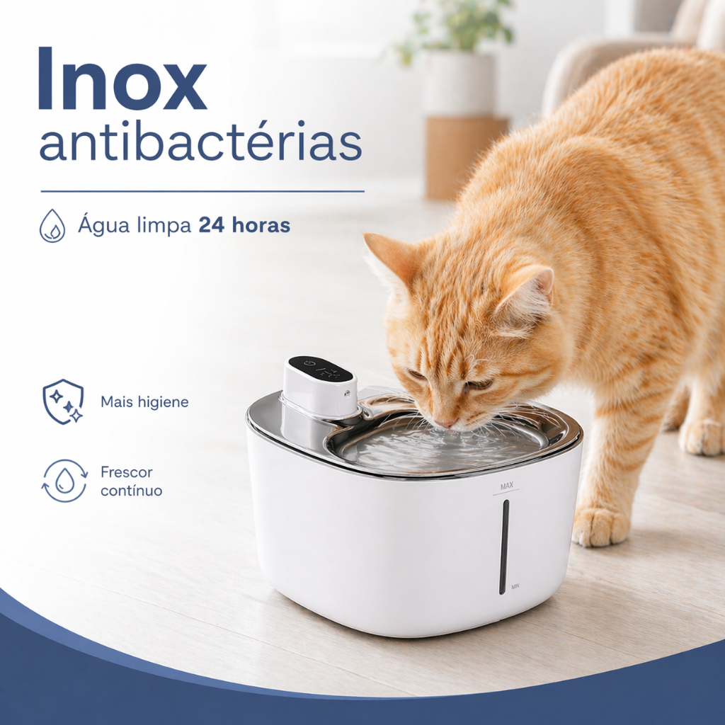 Fonte de água Bebedouro Gato Cachorro Wireless Sem fio Inox sem bactérias com filtro Silenciosa 2L controla no celular