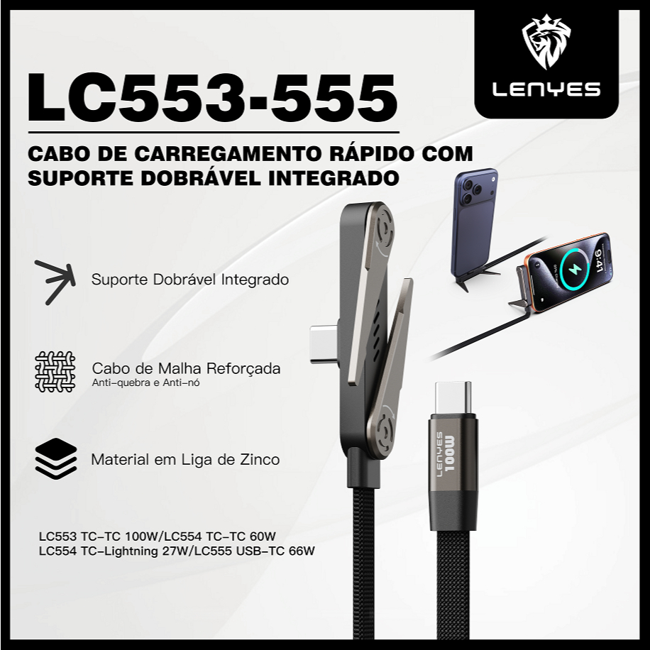 Cabo Tipo C 100W Carregamento Rápido PD para iPhone e Android | 2 em 1 Carregador e Suporte LENYES