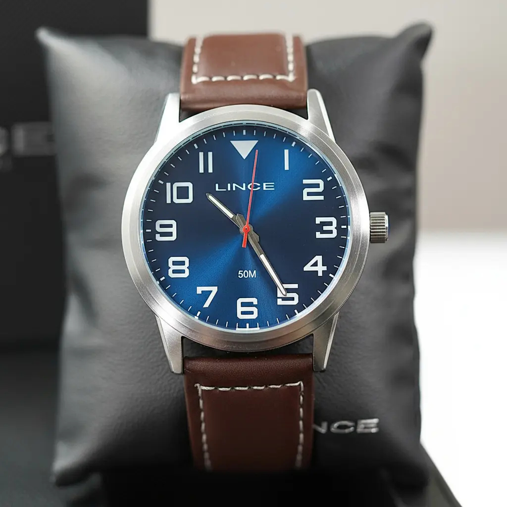 Relogio Pulso Lince Masculino Aço Fundo Azul Pulseira Couro Original MRCH249L46D2NB