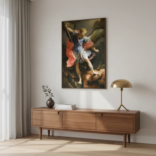 Quadro Decoração Arte Sacra Imagem São Miguel Arcanjo Anjo Guerreiro Devoção Canva 60x40