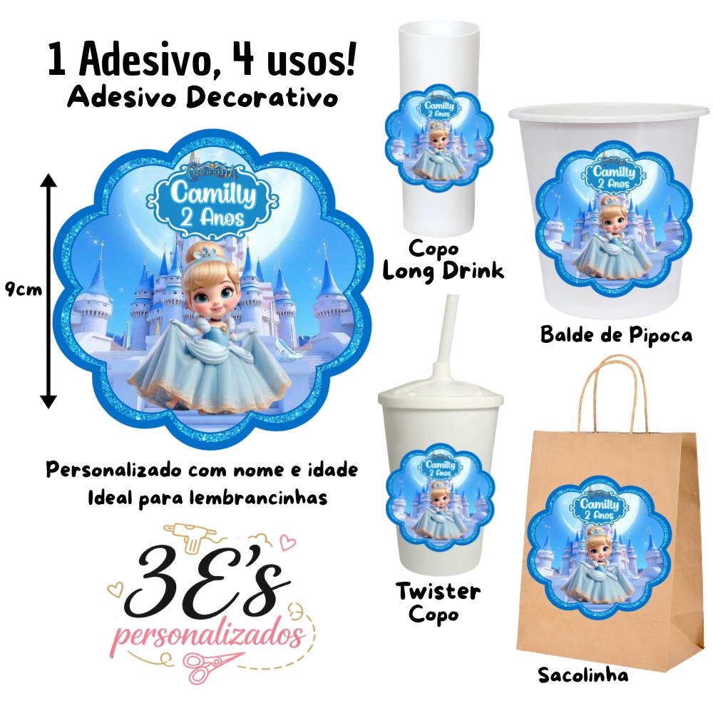 Cinderela Baby Adesivos Personalizados Sacolinhas Balde de Pipoca Copo Twister Copo Long Drink