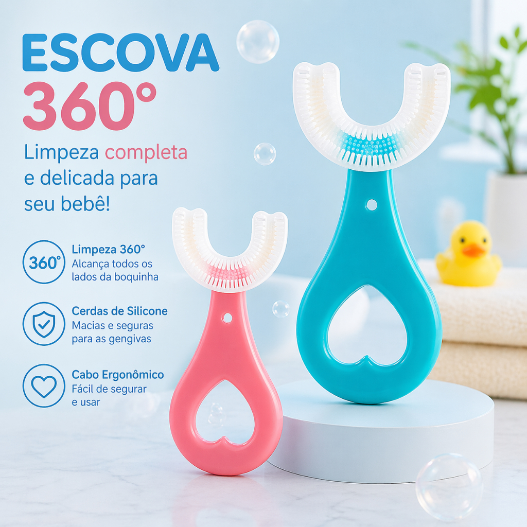 Escova de Dente Bebê 360° Silicone Macia BPA Free Higiene Bucal Infantil 6+ Meses Formato U