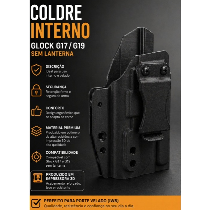 Coldre Interno IWB Glock G17 G19 sem lanterna  Alta Resistência Clip Reforçado