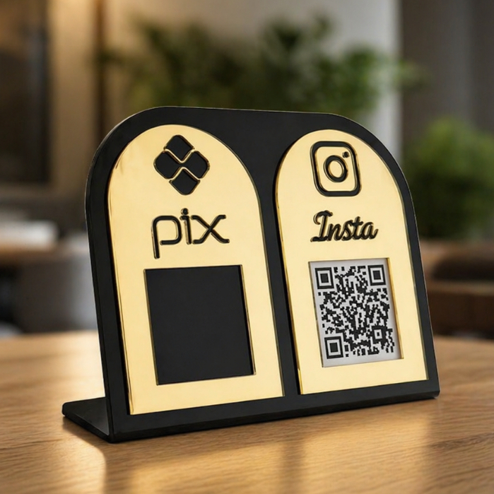 Placa Pix E Qr Code Display com 2 Espaços em Acrílico Espelhado para Mesa ou Balcão Estabelecimento